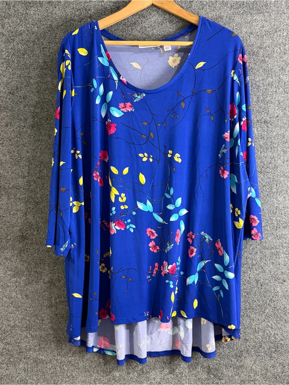 Susan Graver Top Womens 3X Liquid Knit Tunic Cobalt Royal Blue Floral High Low
